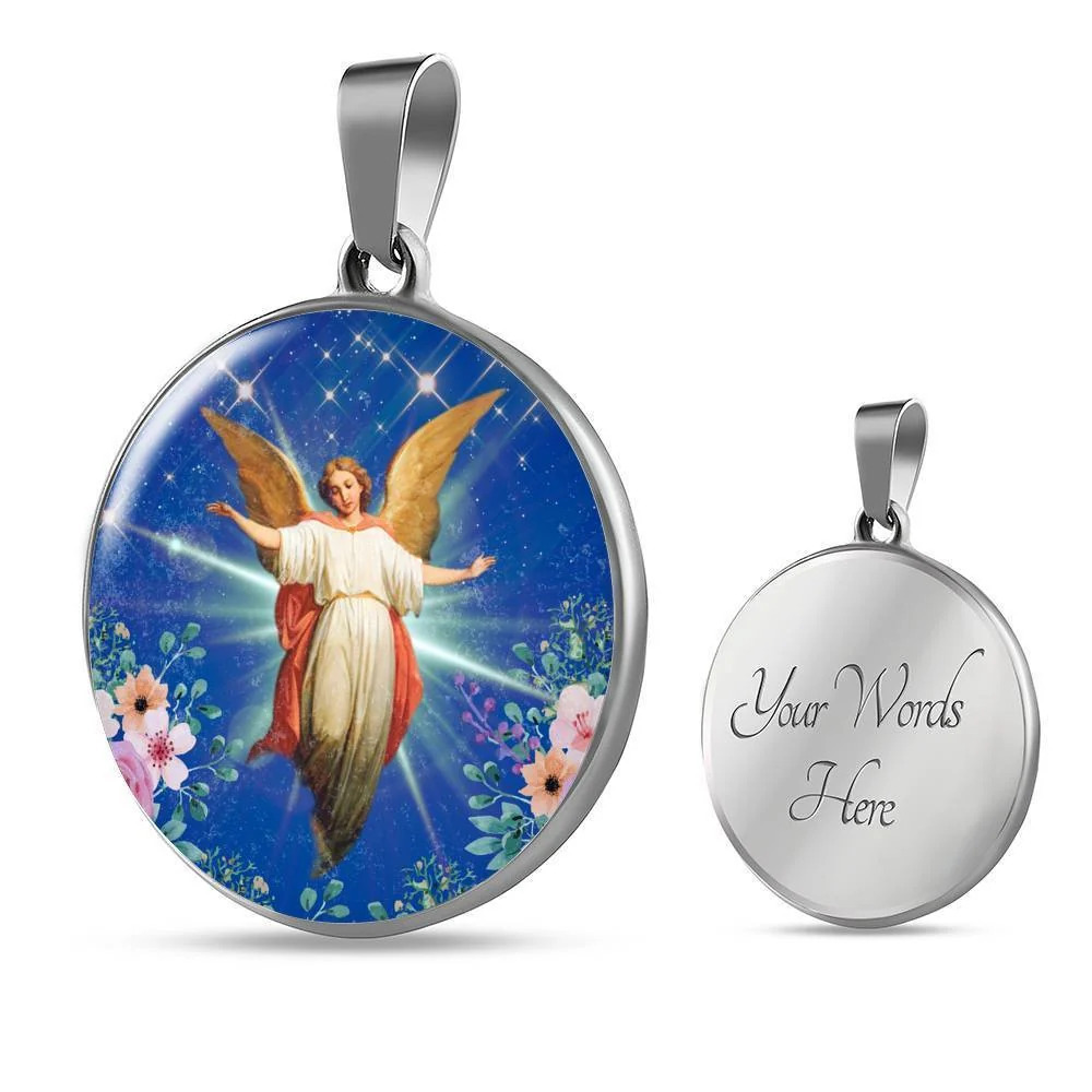 Guardian Angel Circle Pendant Necklace Stainless Steel 24 Inch Chain Silver Ton